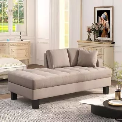 Tufted Upholstered Textured Fabric Chaise Lounge W/Toss Pillow Warm Grey • $383.49