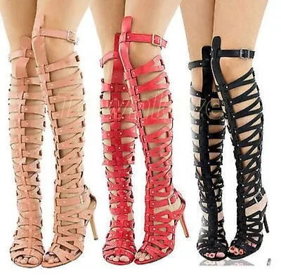 Gladiator Womens Strap Open Toe Sandals Knee Boots Zipper High Heel Shoes Sz Hot • $42.21