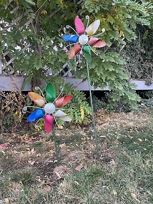 Vintage Metal Folk Art Yard Garden Pinwheel Wind Spinner Whirligig Set Of 2 Rare • $89.95