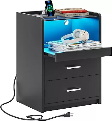 Nightstand With LED Lights&Charging Station Modern End Side Tables Pull-Out Tray • $79.99