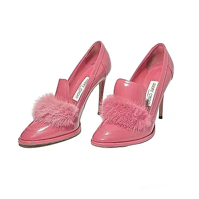 Jimmy Choo Pink Patent Leather Mink Fur Trim Lyzla 110 Loafer Pumps Size 37.5 EU • $519.99