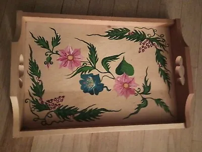 Vtg Hand Painted Wooden Serving Tray Rectangle Floral 13.5” X 9.” Mid Century  • $11