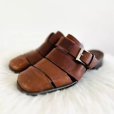 Enzo Angiolini Brown Leather Strappy Side Buckle Slip On Sandals Shoes ~ Size 6 • $15.99