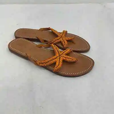 Mystique Orange Beaded Starfish Brown Leather Women's Flip Flop Sandals - Size 8 • $60