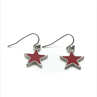 Red Enamel Silver Tone Star Shaped Dangle Earrings • $12.95