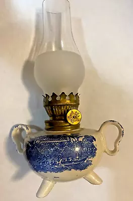 Mini Porcelain Blue Transferware Design Footed Oil Lamp With 2 Handles • $9.99