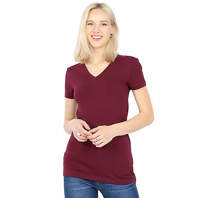 (Zenana Outfitters) V-Neck Short Sleeve T Shirt Plain Solid Top Stretchy Cotton • $9.99