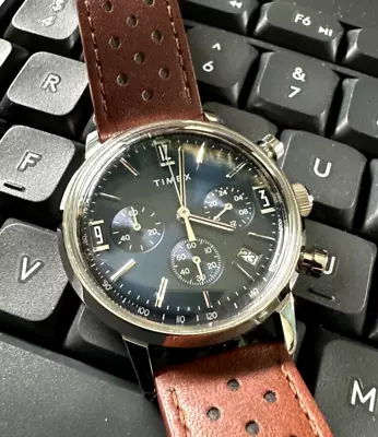 Timex Marlin Chronograph Tachymeter Blue Dial 40mm Leather Strap Watch TW2W10200 • $125