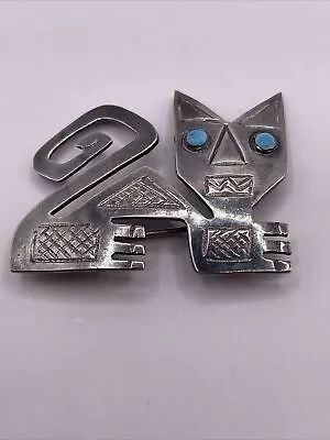 $19.99 • Buy VTG Sterling Silver 925 PERU HANDMADE Kitty Cat Animal Brooch Pin Turquoise Eyes