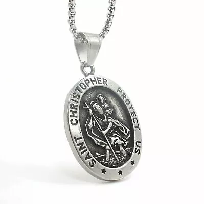 Mens St Saint Christopher Medal Pendant Necklace Stainless Steel Amulet • $9.88