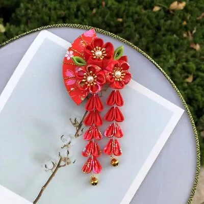 Flower Japanese Kimono Headwear Sakura Tassel Fan Hairpin Cute   Girls • £3.71