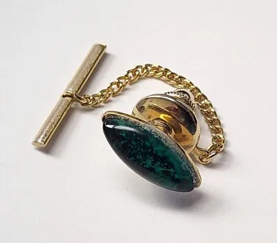 Tie Tack Tie Pin Tie Stay Gold Tone Green Marquise Cabochon Stone • $7.50