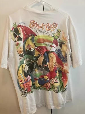 Vintage 2000 Caribbean Soul Parrot Party T-Shirt XL White Tropical Cut Neck USA • $11.16