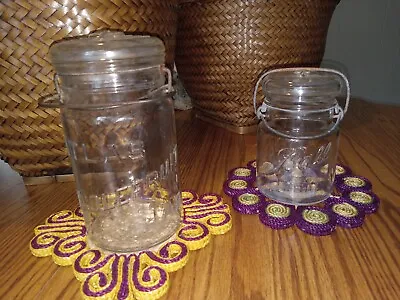 Vintage Old Glass Jars W Glass Lids. Atlas Whole Fruits Old Ball Jar Ideal • $35