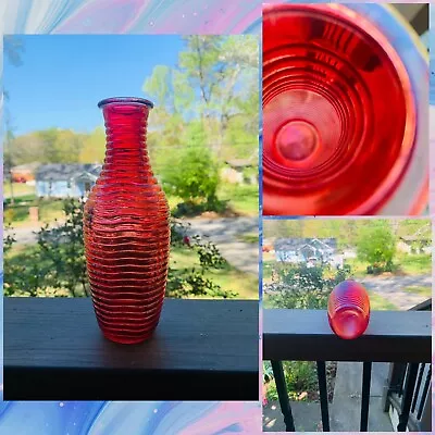 Vintage Beehive Ribbed Cranberry Red Glass Vase 8.5” • $12