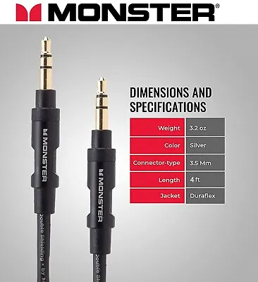 Monster Audio Aux Cable 3.5mm Stereo Jack Male Black/Gold 4ft - 1.2m • $12.46
