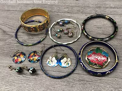 Vintage Costume Cloisonne Jewelry Lot W. Bangle Bracelets Earrings • $19.99