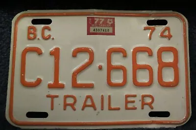 Vintage British Columbia C12-668 74 Trailer License Plate 77 Tag BC Canada ~ • $14.95