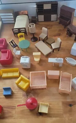 Vtg Dollhouse Furniture Lot 40 Pieces Table Hutch Cabinet Mirror Couch Chair Bed • $24.88