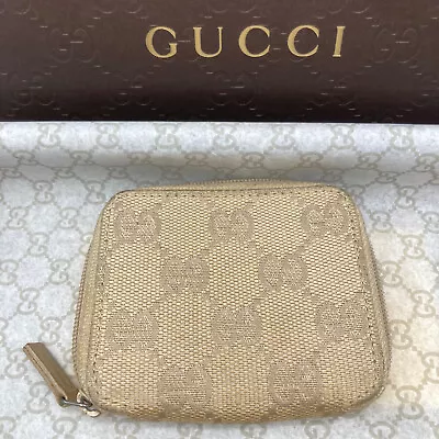 Auth Used GUCCI Coin Purse Leather Wallet Canvas Beige Supreme Italy 4491 • $50.40