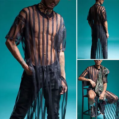 INCERUN Men Half Sleeve Striped Mesh See Through Beach T Shirt Kaftan Long Tops • $14.24