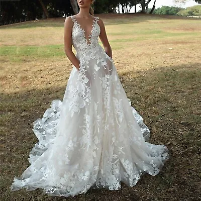 Ladies V Neck Backless Bridal Dress White Lace Mermaid Wedding Ball Gown Dresses • $42.99