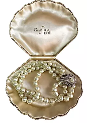 LES BERNARD INC BAROQUE  Pearl Necklace  Pave Clasp Trifari Orient Shell  Box • $249