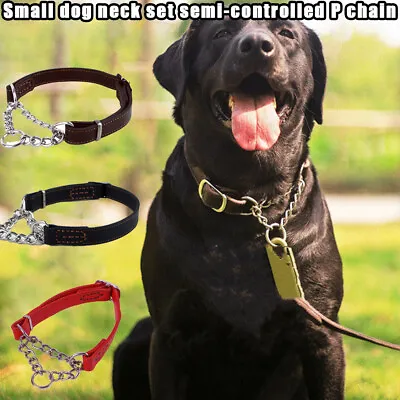 Pet Dog Half-Check Choke Leather Chain Dog Training Martingale Collar Adjust New • £11.99
