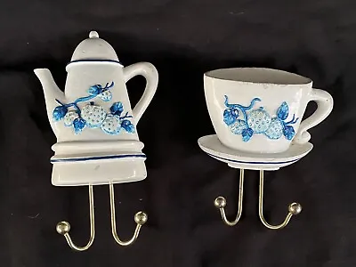 Vintage Tea Pot And Tea Cup Rustic Blue & White Towel Hanging  5.5  &4’’ Set 2 • $15.60