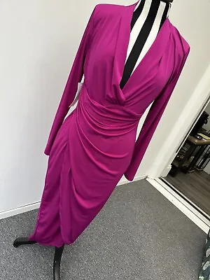 Silkfred Ladies Magenta Pink Ruched Bodycon Wrap Midi Dress Size 16 • £12
