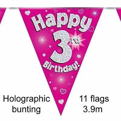 Happy 3rd Birthday Holographic Triangular Party Foil Banner Bunting - Pink • £3.49
