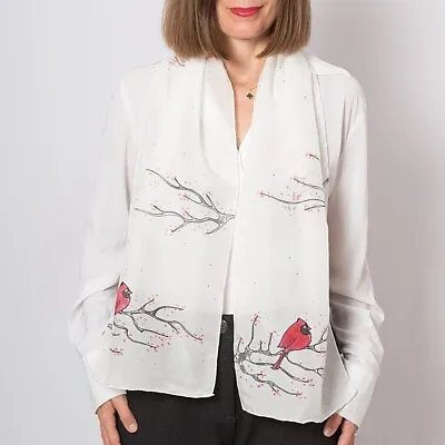 Cardinal Hand Painted Silk Cotton Scarf Cardinal Birds Christmas Scarf 57X11 • $39