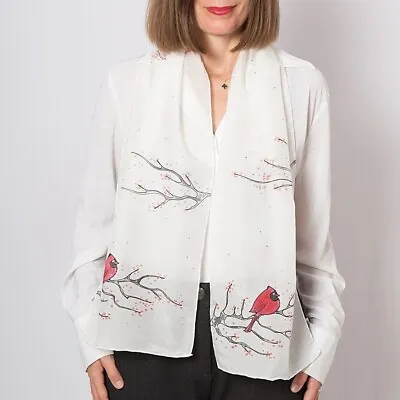 Hand Painted Silk Cotton Scarf Cardinal Birds Christmas Scarf Gift For Her 57X11 • $39