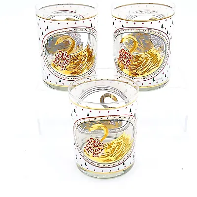 3 Culver Glasses MCM Gold Swan Christmas Rocks Old Fashioned White Green Trees • $32.50