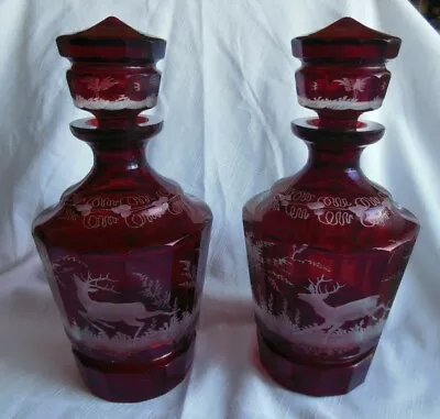 Pair Antique Bohemian Ruby Red Crystal Decanter/s Czechoslovakia Hunting Motif  • $445