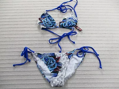 Y2K Ed Hardy Womens Bikini Small Blue Spaghetti Strap Floral Dedicated Stretch  • $74.99