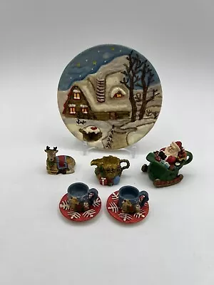 Adorable Mini Christmas Tea Set TeaPot Mugs Plates Santa Reindeer Snowflake • $14.98