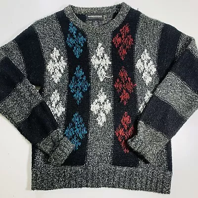 Vintage 80s Expressions Black Gray Argyle Design Cotton Blend Sweater Sz Medium • $5
