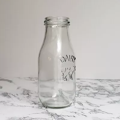 Dairy Bottle Clear Glass Milk Jar Bottle Embossed Cow Vase 10 Ounces 6 Inch • $2.99