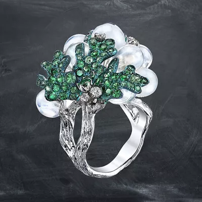 White Chalcedony & Studded Green Columbian Emerald CZ Cocktail Ring 925 Silver • $375