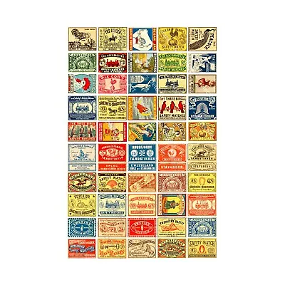 Safety Match Box Label Stickers 2 REPRODUCTION Sheets 50 Unique Antique Labels • $14.96