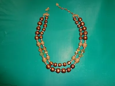 Vendome 2 Strand Brown Beaded Amber Glass Crystal Clear Rhinestone Necklace • $12.99