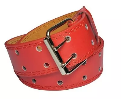 Genuine Leather Two Row Double Row Prong Holes Casual Red Belt • $7.95