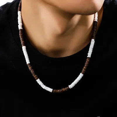 Natural Coconut Shell Surfer Necklace For Men Vintage Brown Wood Beads Choker • $6.79