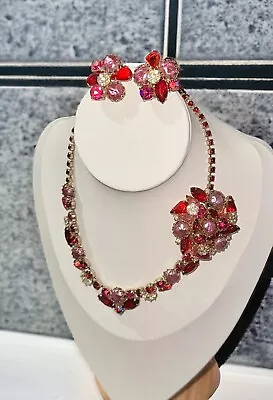 Vintage Regency Hot Pink Mixed Rhinestone & Crystal Floral Matching Jewelry Set • $80