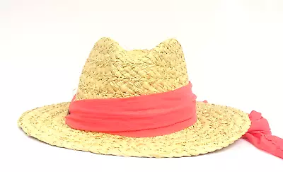 CSW114 Ladies Cappelli Large Brim Raffia Hat With Coral Georgette Scarf One Size • $11