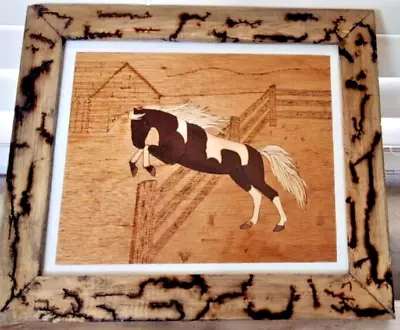 Wood Marquetry Inlay Horse Fractal Burned Frame Handcrafted • $56