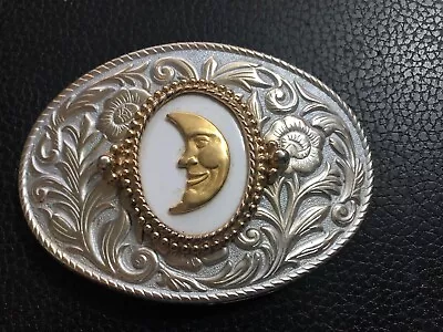 Vintage Silver Color Floral Design Belt Buckle With Gold Color Half Moon Image • $12.99