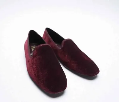 $29 • Buy Zara Burgundy Red Velvet Smoking Slippers Low Heel Flats NEW! 39 8