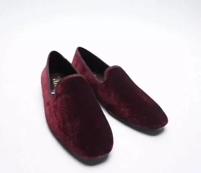 Zara Burgundy Red Velvet Smoking Slippers Low Heel Flats NEW! 39 8 • $29